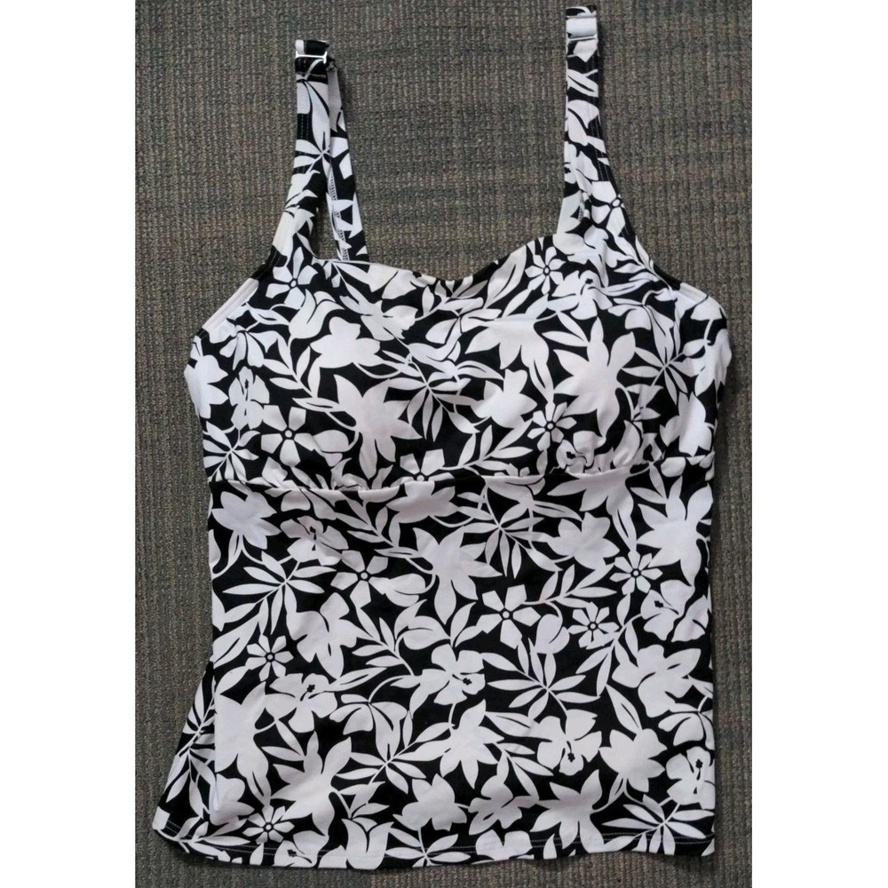 Lands' End Women's Size 12 Mast Tankini Top Black White Floral Adjustable Strap‎